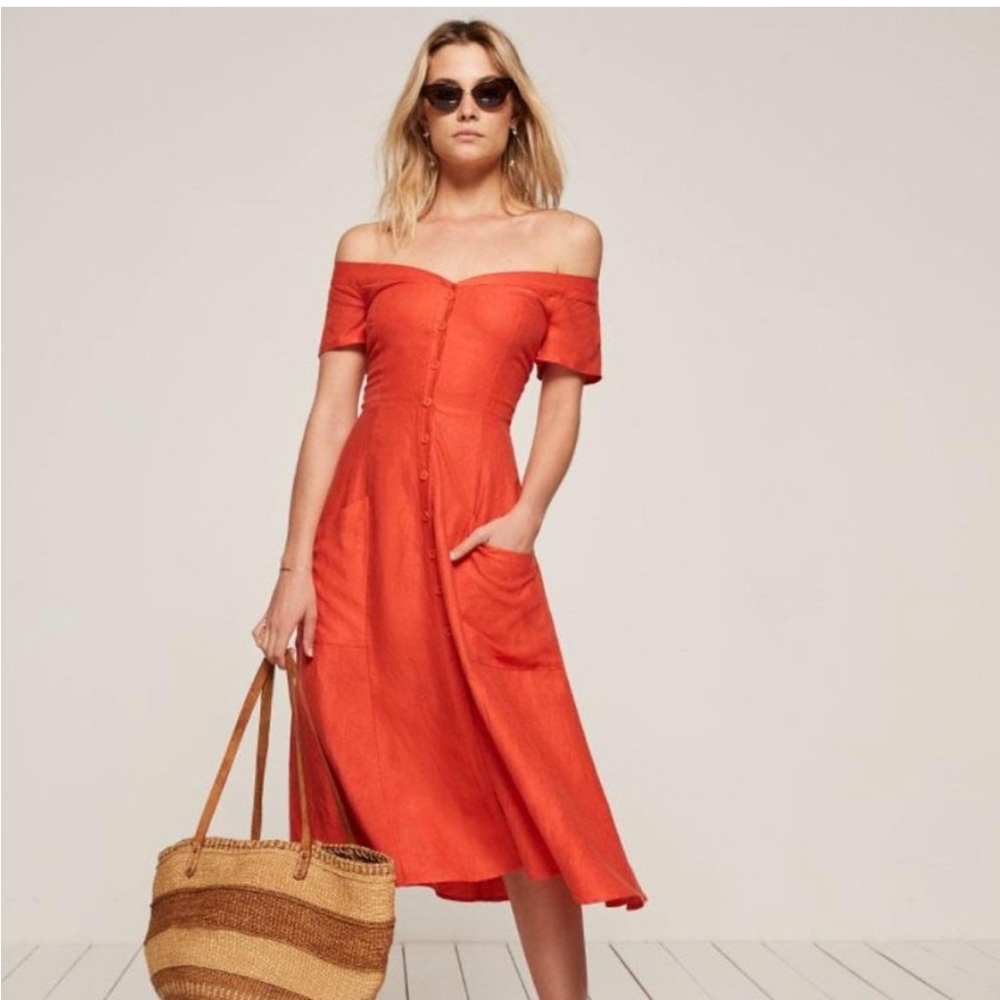 Reformation Mariposa Dress Tencel Linen Red Orange Persimmon Size 0